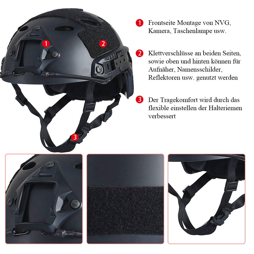 LOOGU Airsoft Ops Core Casque de Protection Tactique (Fast BJ & PJ) avec Coussinets et Rails latéraux pour Les Loisirs, l'extérieur, Le Paintball