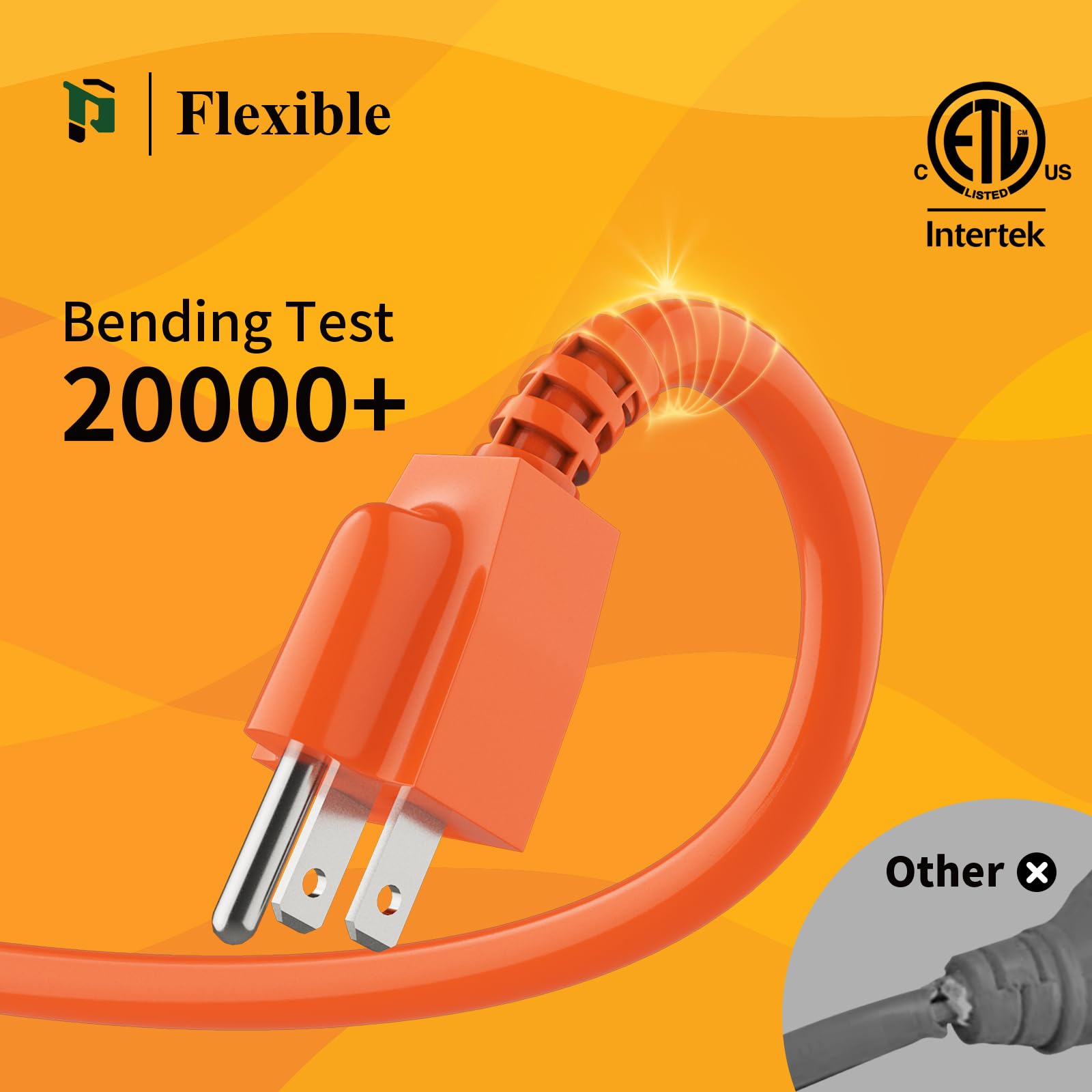 Cable de extensión para exteriores de 50 pies, resistente al agua, calibre 16/3, cable de extensión de 3 puntas, 13A 1625W SJTW, certificación ETL, ideal para jardín y hogar, color naranja