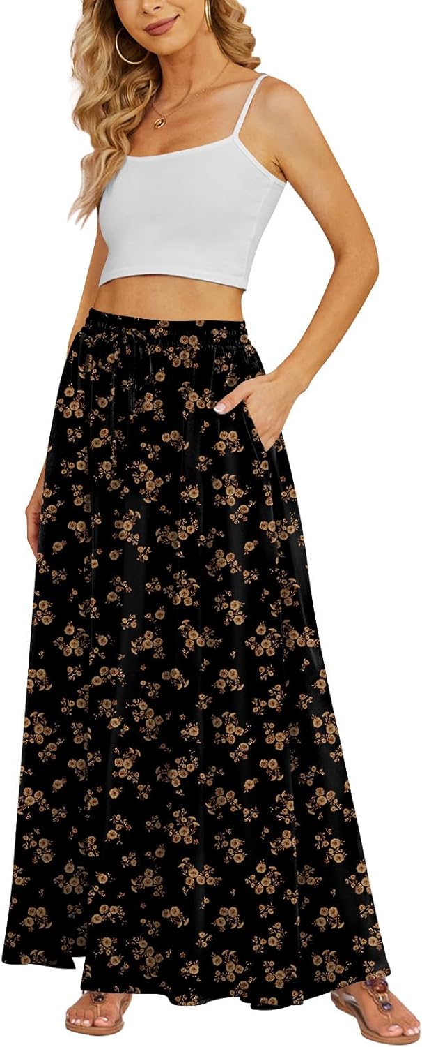 Yincro Women's Flowy Maxi Skirt Summer Pleated High Waisted Casual Long Skirts with Pockets