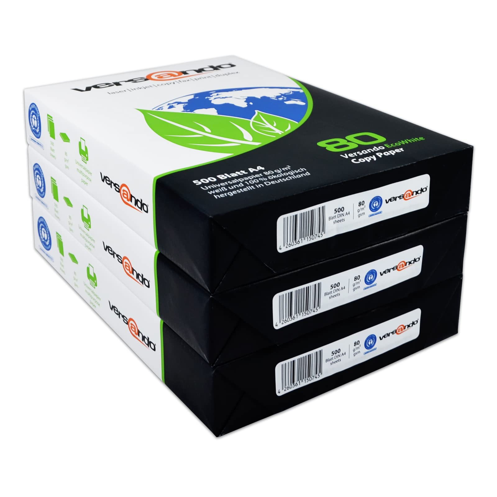 versando 1.500 Blatt Recyclingpapier DIN A4 EcoWhite 80g Kopierpapier Druckerpapier Öko hohe Weiße ISO 90 - Blauer Engel zertifiziert - Umweltpapier