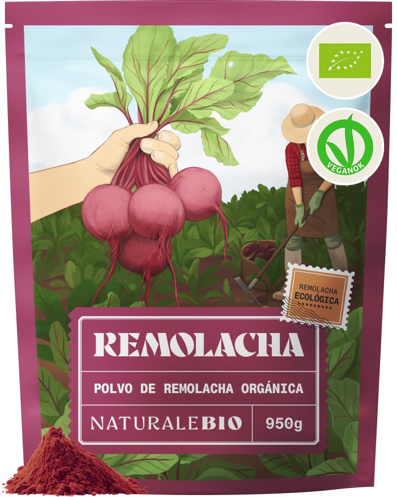 NaturaleBio Polvo de remolacha 950g. Superfood orgánico de raíz deshidratada. Fuente natural de nitratos y betalainas. Para uso diario en una alimentación equilibrada. Vegano y sin gluten.