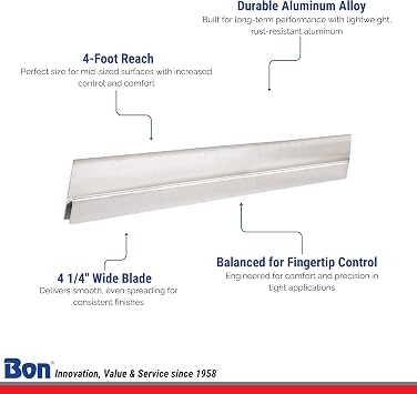 Bon Featheredge - Aluminum 4' with 4 1/4 Wide Blade for Smooth Surface Finishing Lightweight Aluminum Alloy Tool with Fingertip Control for Plaster, Concrete, and Leveling Work