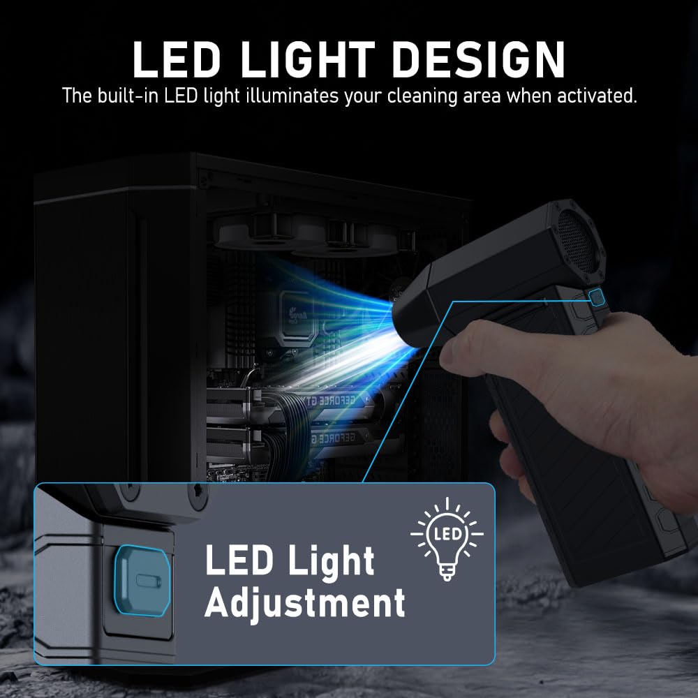 Dépoussiéreur électrique avec lampe de poche, ventilateur à jet puissant, avec moteur sans balais, 3 vitesses réglables - pour clavier, PC, voiture, lit pneumatique et nettoyage de la maison,