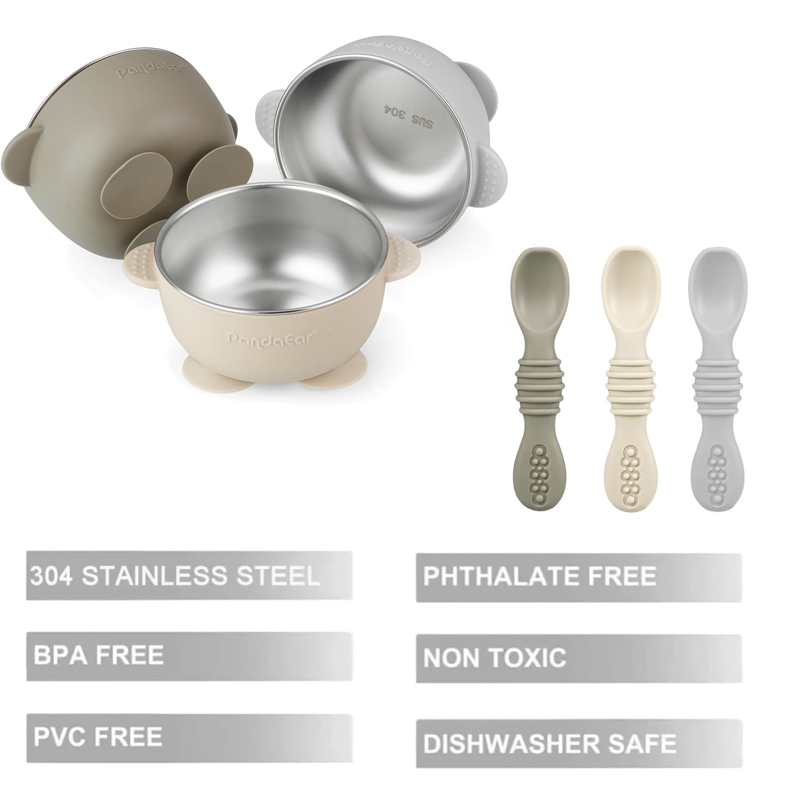 PandaEar Lot de 3 Bols Inox avec Ventouse et 3 Cuillères en Silicone | Set Antidérapant pour Bébé et Tout-Petit, Idéal pour Diversification Alimentaire, Sans BPA (Lin, Marron, Gris)