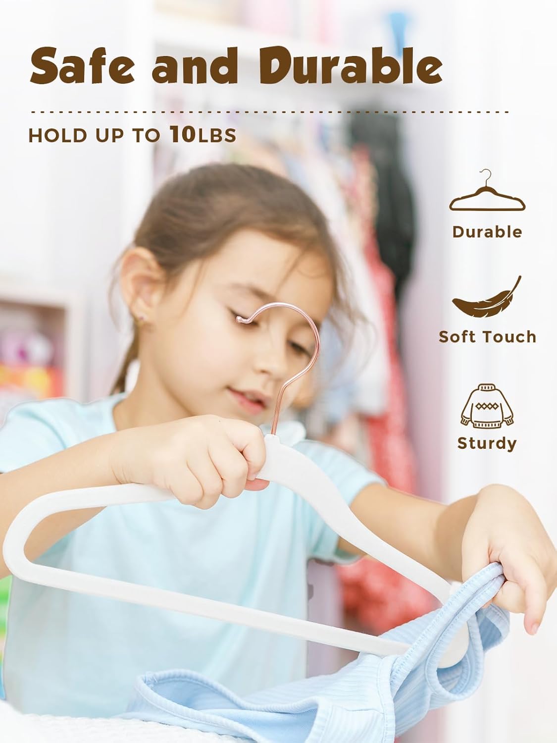 Smartor Kids Velvet Hangers 50 Pack, 14 Inch Premium Non Slip Kids Felt Hangers for Closet, Space Saving Toddler Clothes Hanger for Youth's Childrens' Clothes (Rose Gold Hook)- White - Image 6