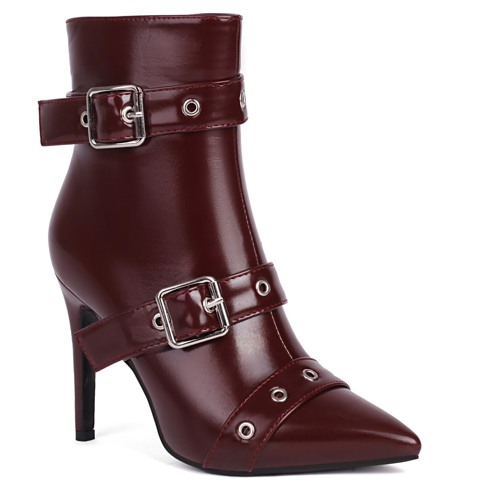 Womens Pointed Toe Stiletto Ankle Boots with Goth Buckle Strap Studded Fashion Retro High Heel Sexy Ankle Booties