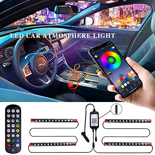 LivTee 12V Interior Car Lights, Newest Two-Line Design 4pcs 48 LED Multi DIY Color Music Under Dash Car Lighting Waterproof Kits with Wireless Remote & APP Control, Car Charger Included