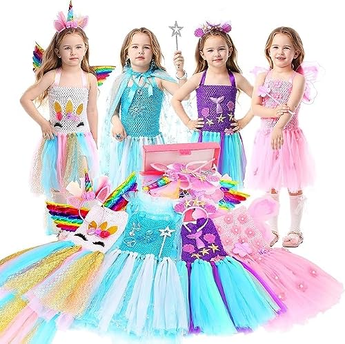Princess Dresses for Girls - Dress up Clothes Girls Princess Dress up Trunk Pretend Play Costume Set Unicorn,Fairy, Mermaid,Blue Princess Role Play Gift Set for Toddler/Little Girls Ages 3-6yrs