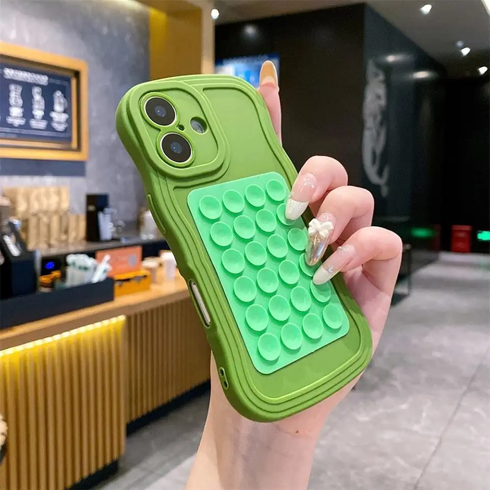Capa de silicone macio com ventosa e ondas encaracoladas para iPhone 16 15 11 12 14 13 Pro Max 16 7 8 Plus 16e X Xs Max Xr, capa de almofada fixa, verde, para iPhone 7 Plus ou 8 Plus