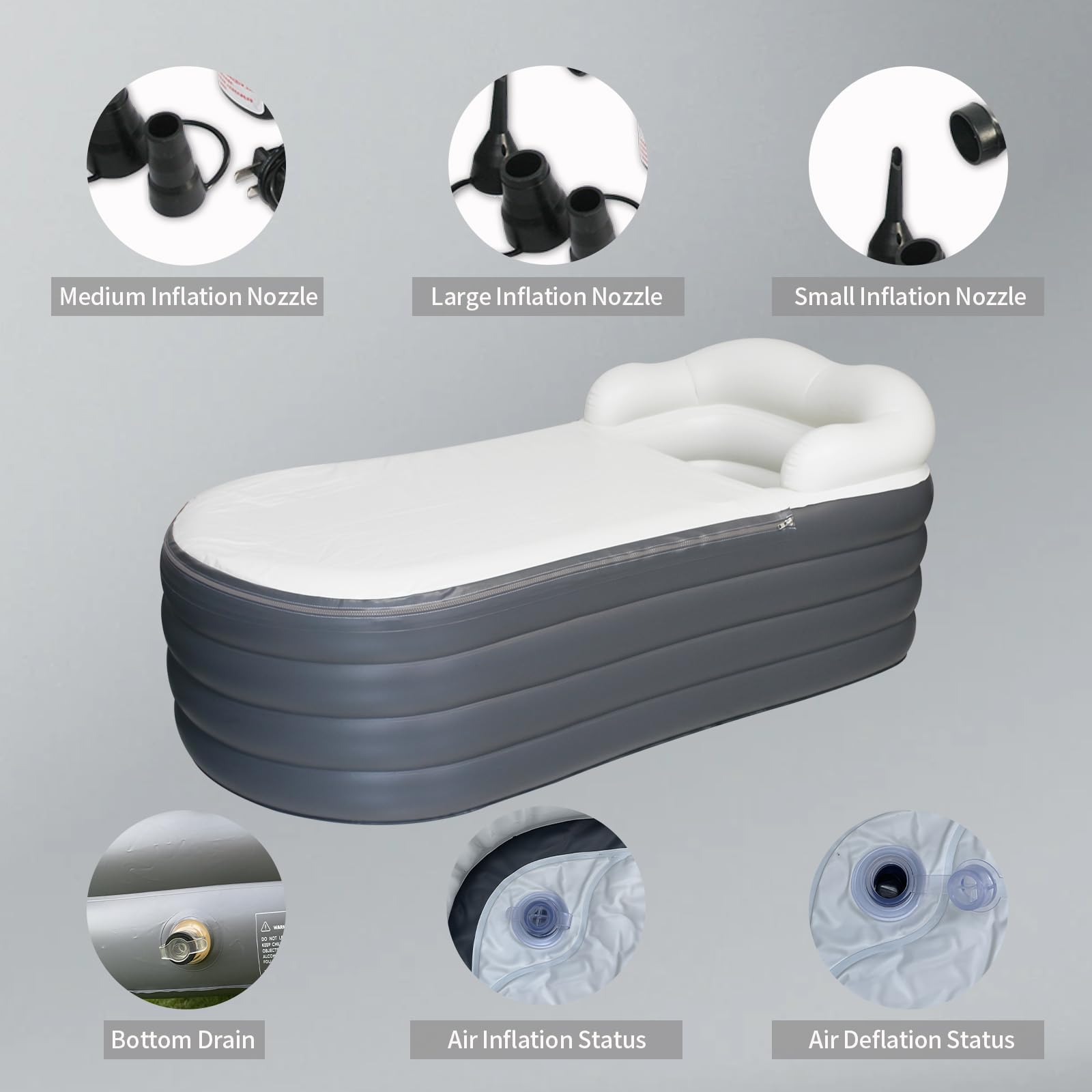 Baignoire gonflable pour adulte - Grande baignoire à glace portable - Spa - Baignoire de trempage avec housse à fermeture éclair (Gris foncé, 168x76x68cm)