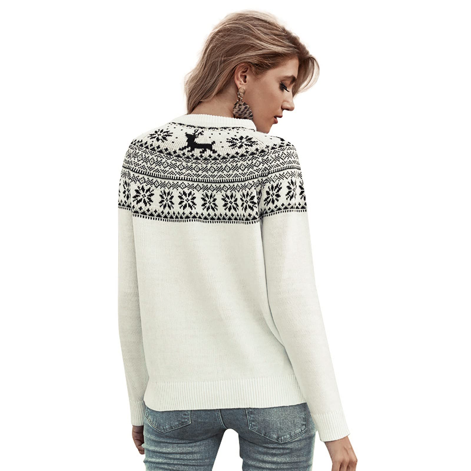 Weihnachtspullover Damen Strickpullover - Weihnachtspulli mit Rentier Schneeflocke Weihnachtsmotiv Pullover Weihnachten Damen Pulli Langarmshirt Strickpulli Sweater für Frauen Teenager Mädchen