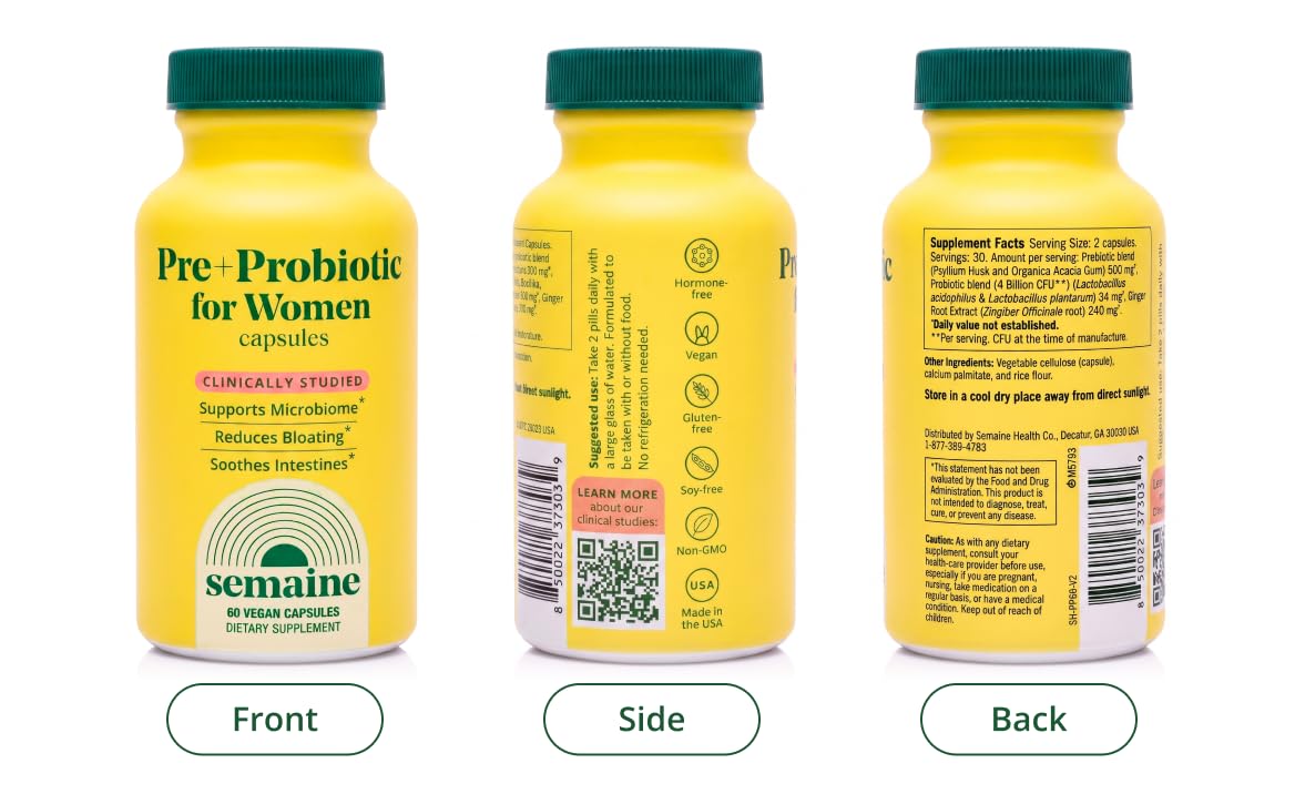 Semaine Health Prebiotics and Probiotics for Women - Women Probiotic + Prebiotic with Standardized Ginger, Psyllium Husk & Acacia Gum, 4 Billion CFU Lactobacillus, 60 Vegetable Capsules — Amazon image 10
