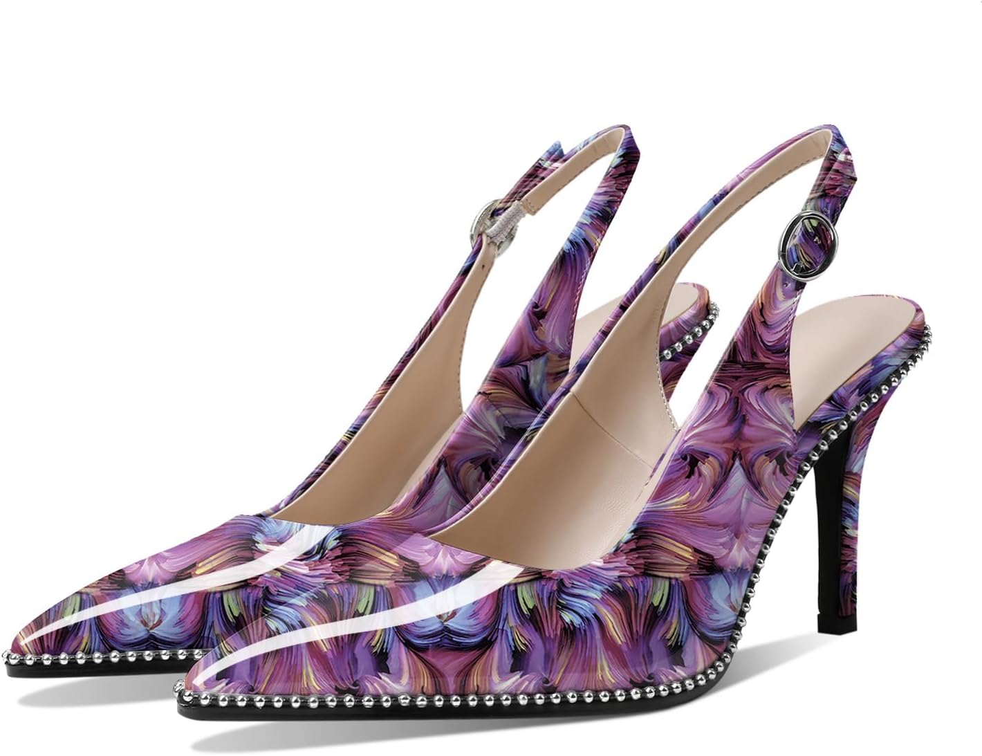 Zamikoo Women Beaded Pumps High Heel Slingback Pointed Toe Slip On 3.5 Inch Stilettos Ankle Strap Adjustable Buckle Patent Leather US Size 5 -Size 13 - Image 5
