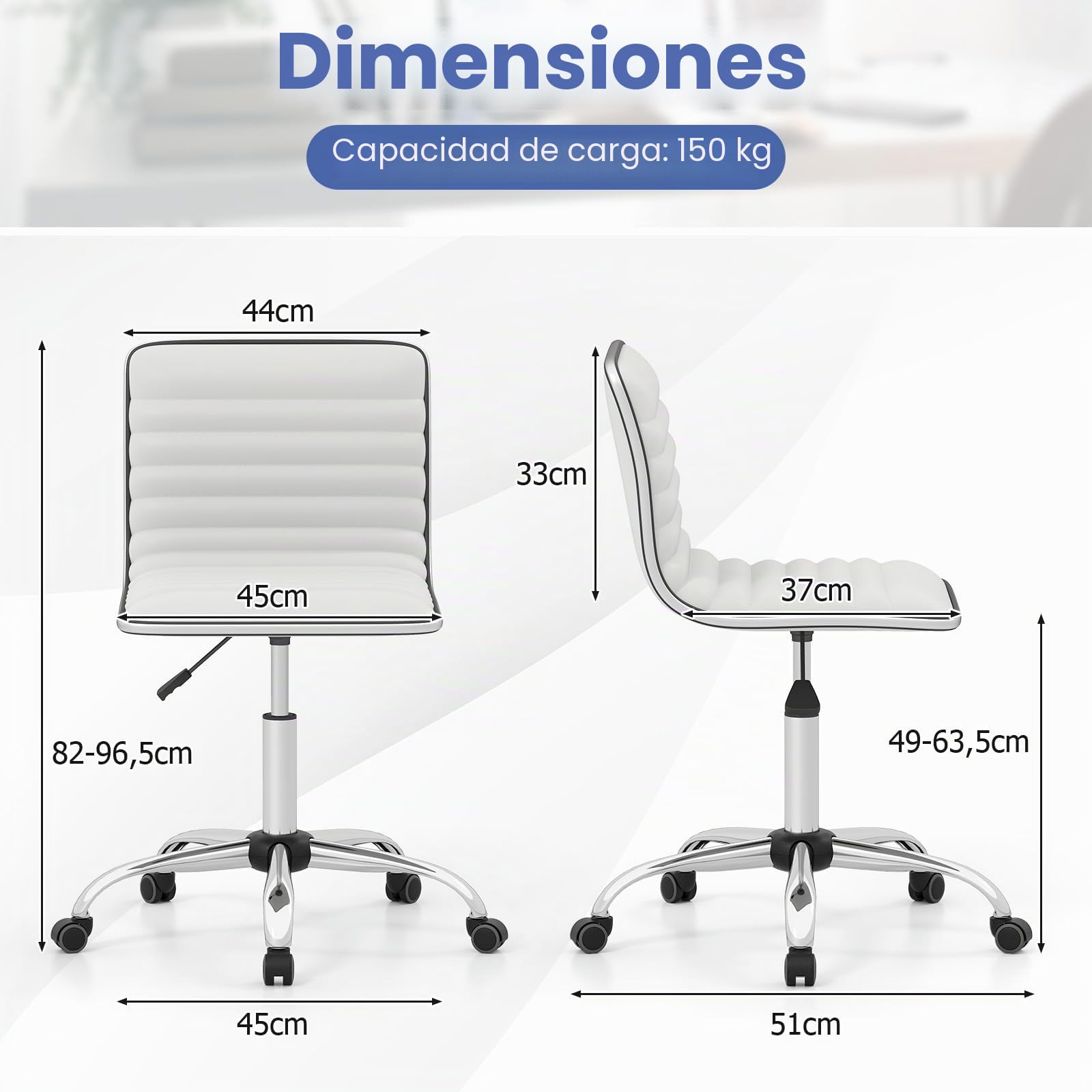 Giantex Silla de Oficina Giratoria 360° con 5 Ruedas, Asiento Tapizado con Altura Ajustable 49-63,5 cm, sin Reposabrazos, Silla de Ordenador para Estudio, Dormitorio y Sala de Reuniones (Blanco)