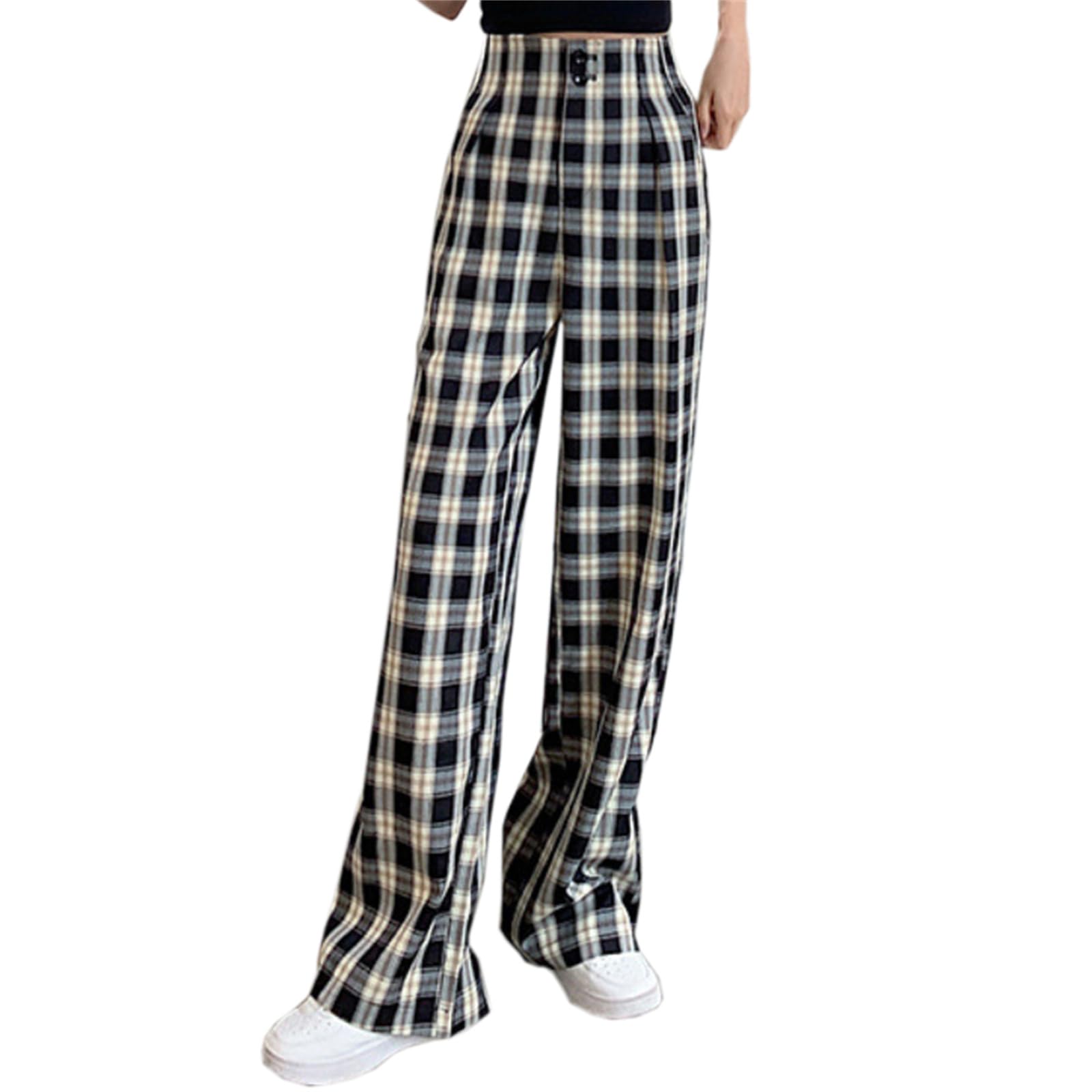 Betusline Women Plaid Pants High Waist Button Wide Leg Casual Trousers