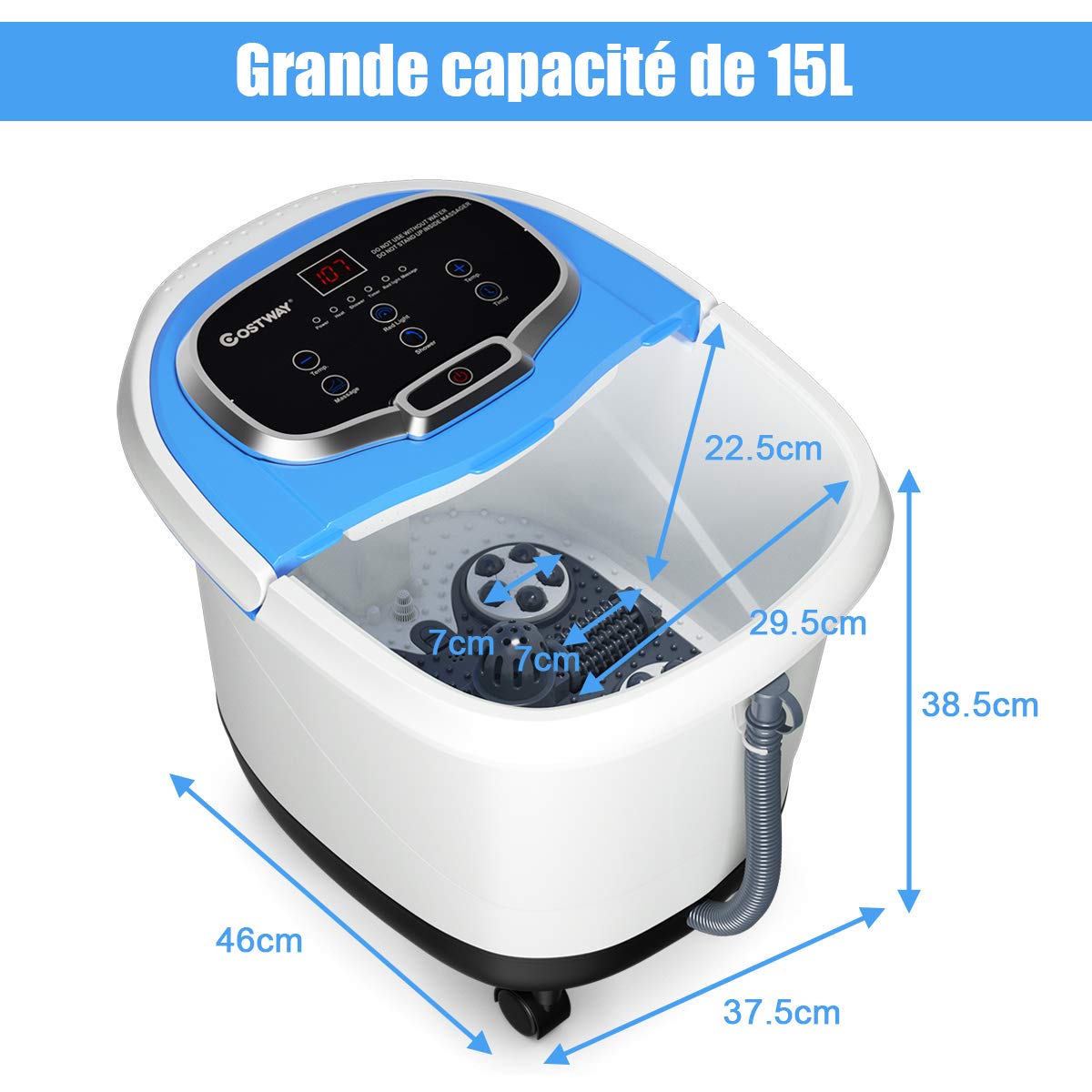 COSTWAY Bain de Pieds 15L avec Ecran LED, 6 Rouleaux de Massage, Masseur de Pieds avec Chaleur Automatique 35℃-48℃, Fonction de Douche et Lumière Rouge (Bleu)