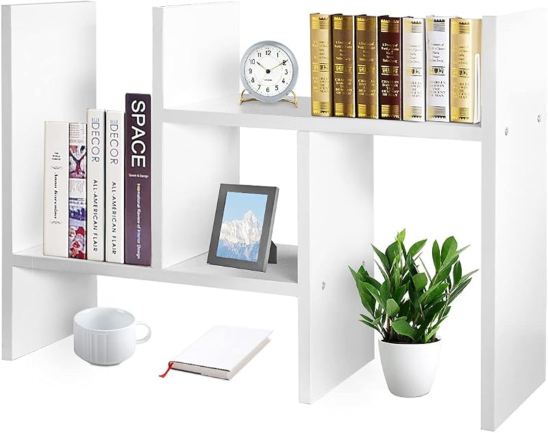 Desktop Organizers and Storage for Office, Adjustable Desktop Organizer Shelves Double H Display, Desktop Shelf Organizer True Natural Stand Shelf (White)