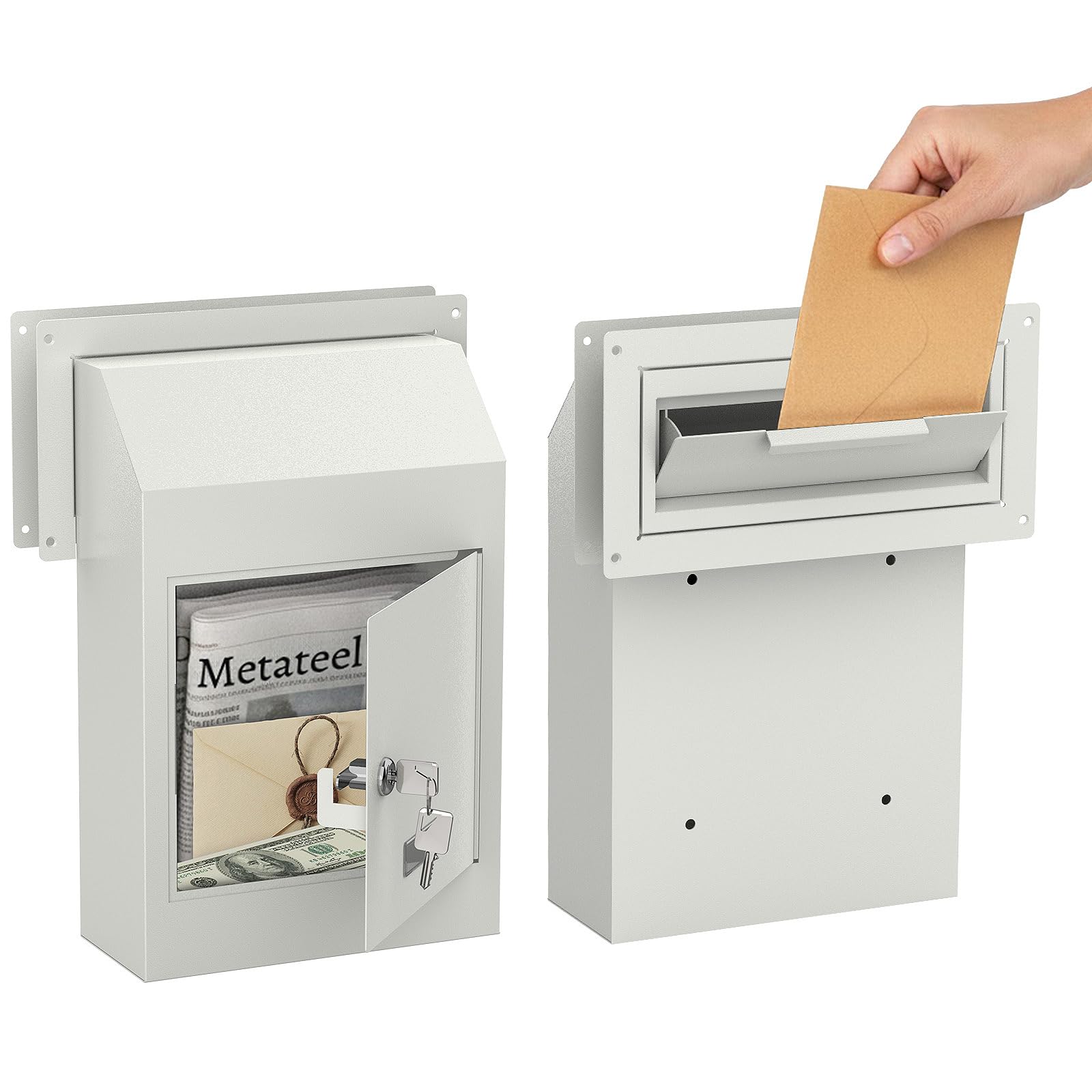 Door Drop Box for Mail, Rent, Deposit, and Night Key - Through The Door Locking Steel Mailbox with Rear Access | 9.75” L x 4.25” W x 14.75” H (White)