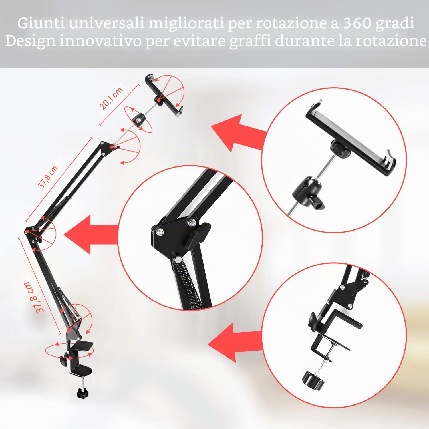 SAMHOUSING Supporto da letto per tablet, girevole a 360 gradi, con braccio in alluminio, per iPad, iPhoneXS, N-Switch, Amazon Kindle Fire o altri dispositivi con schermo da 4,7 a 12,9 pollici