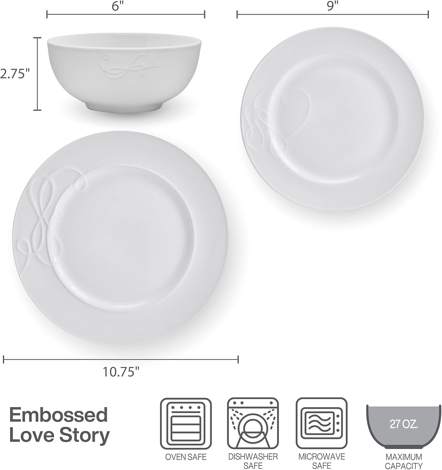 Mikasa Love Story White Chip Resistant 18 Piece Dinnerware Set, Service for 6