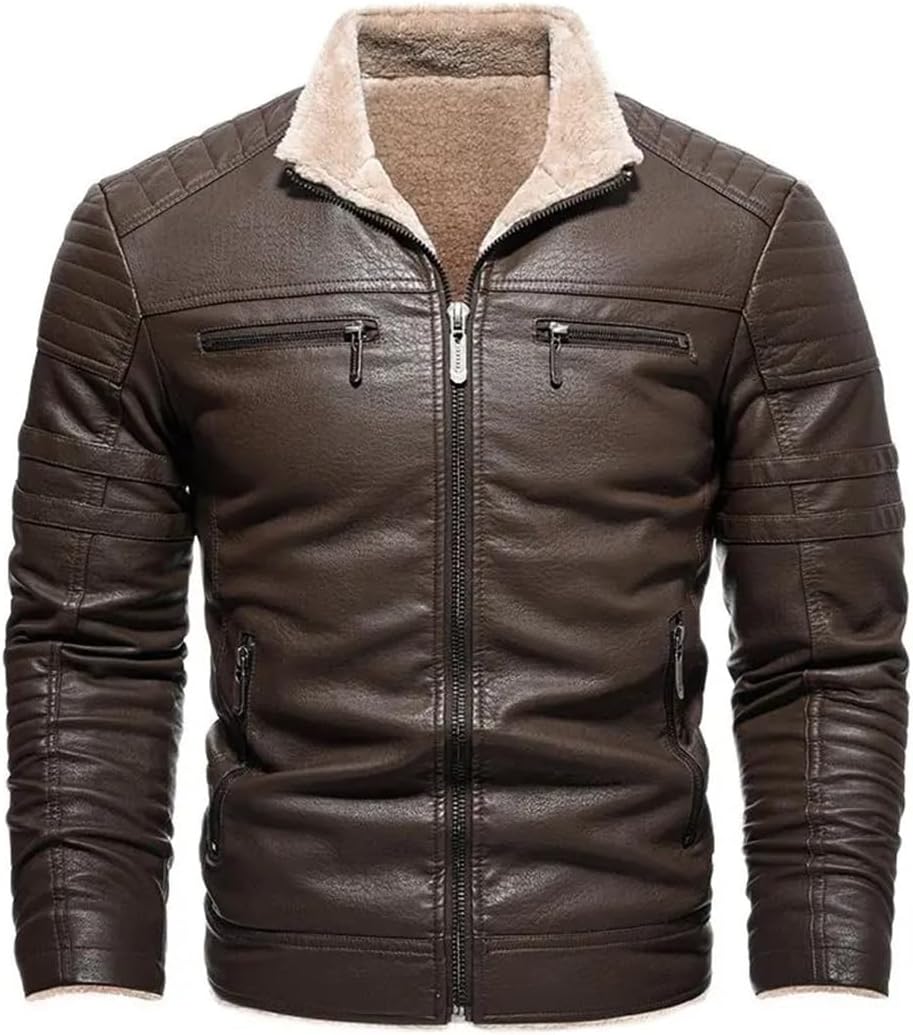 Men's Faux Leather Jacket Zipper Fleece Warm Coats Vintage Motorcycle Leather Jacket For Men
