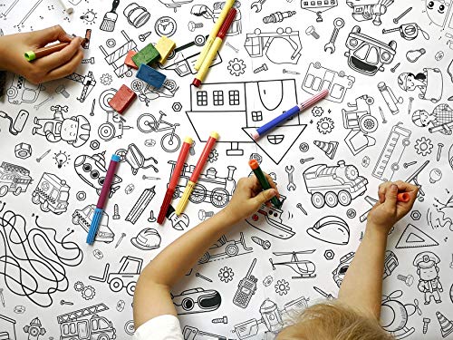 Papieren tafelkleed voor het inkleuren voor kinderen, motief voertuigen en bouwplaats, kindertafelkleed jongens… - Image 5