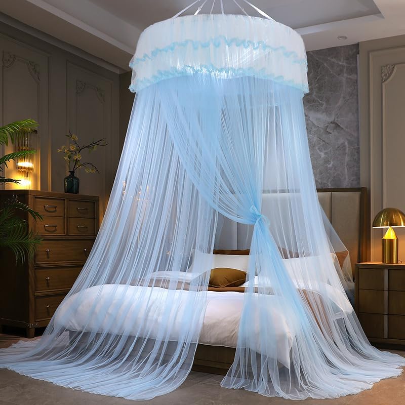 Decorative Bed Canopy for Girls & Adults - Luxury Round Mosquito Net with Double-Layer Drapes Elegant Bedroom Curtains for Queen Size Bed Decor(E,for 200x220cm Bed)