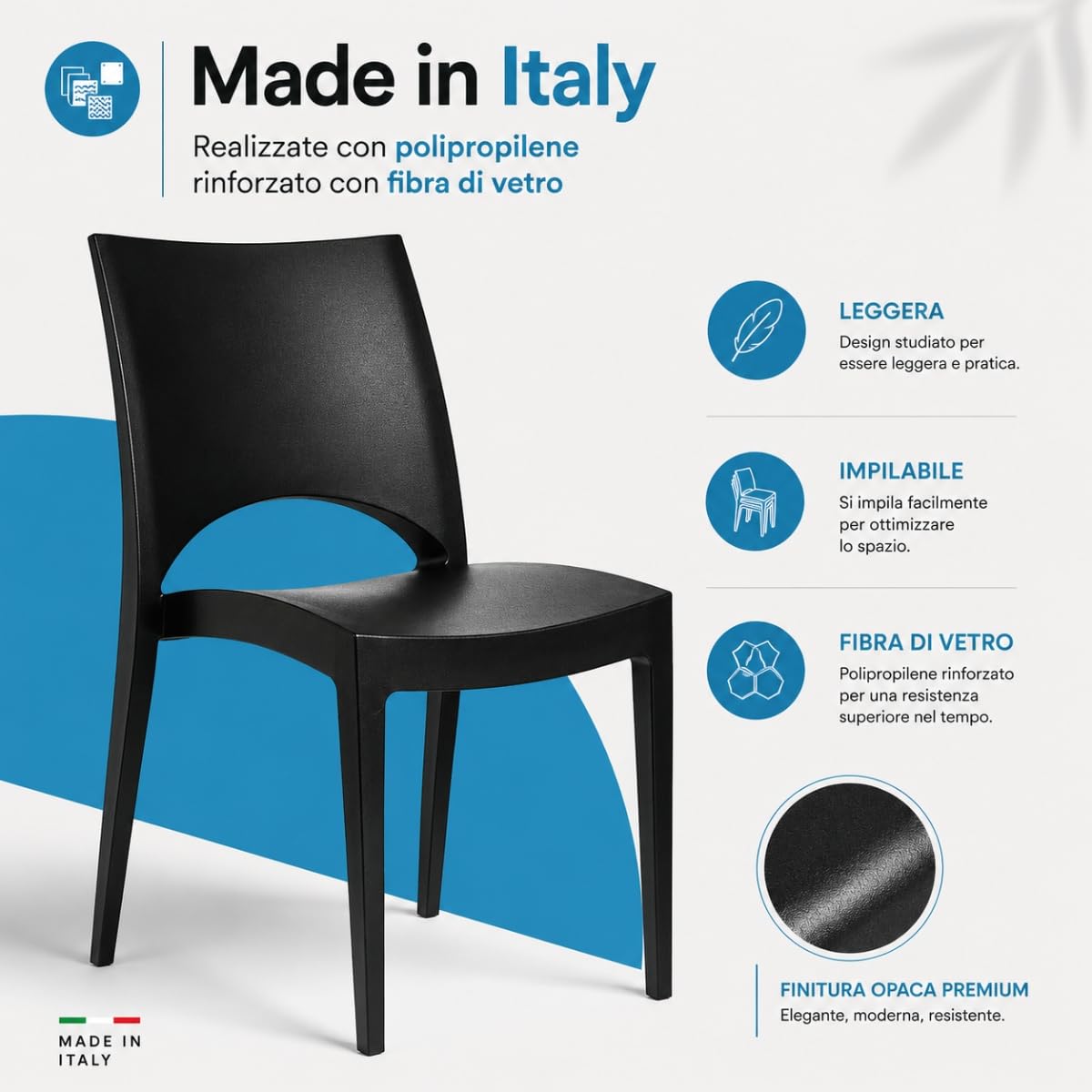 Tomaino Sedia da Giardino in Plastica Paris - Sedia Impilabile Resistente per Interno ed Esterno - Polipropilene con Fibra di Vetro - Ideale per Casa, Terrazzo, Bar e Ristoranti (6, Nero)