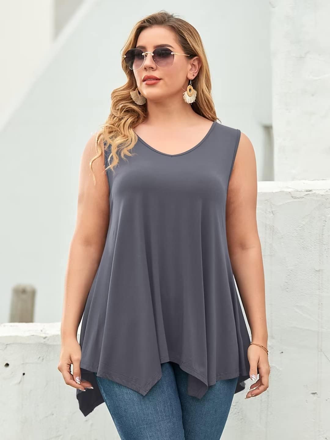 LARACE Plus Size Tank Tops for Women V Neck T Shirts Summer Sleeveless Tunic Tops Loose Fit Flowy Blouse - Image 2