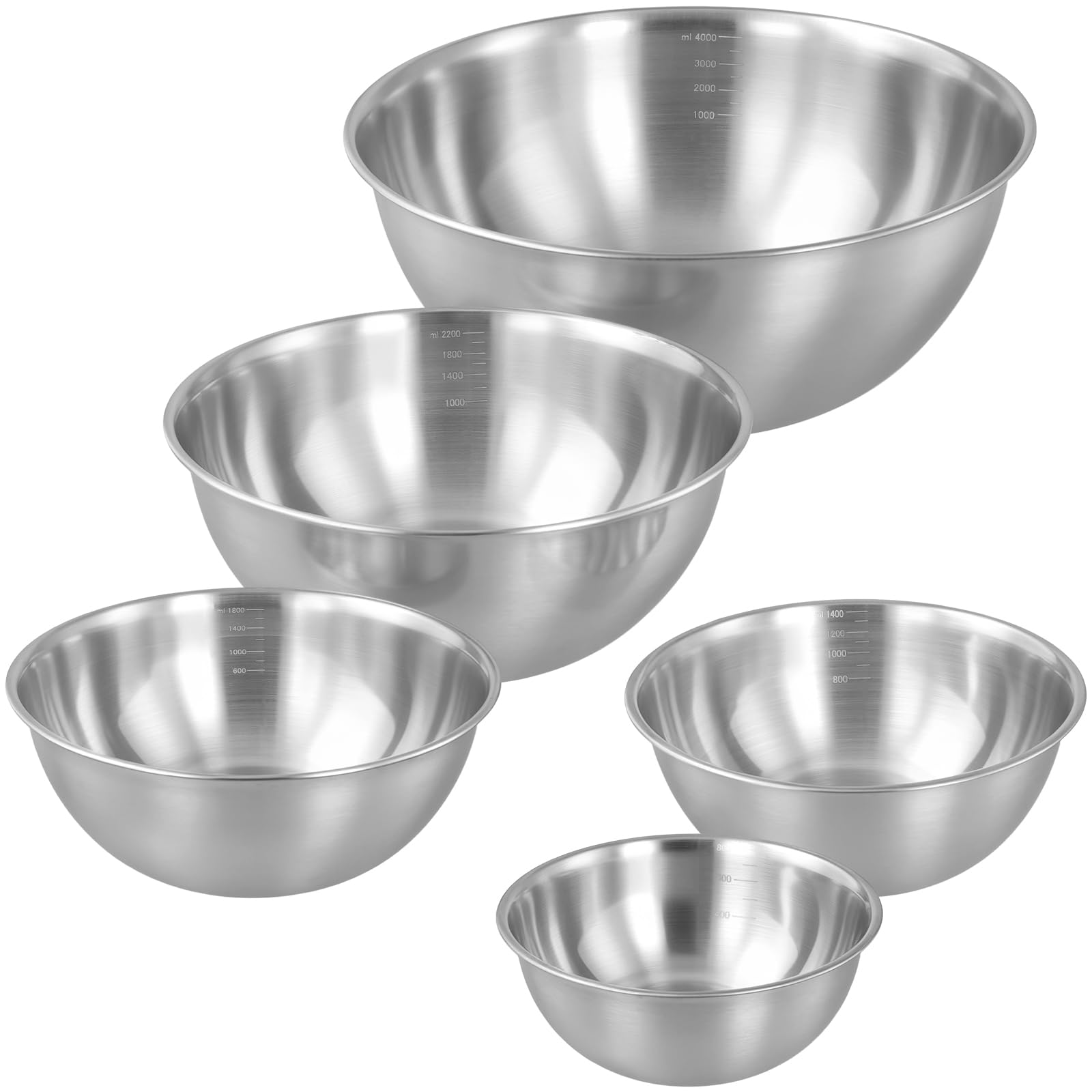 Juego de 5 Cuencos de Acero Inoxidable Apilables con Marcas de Medición - 800ml a 4000ml - Ensaladeras para Cocina, Mezclar y Servir - Apto para Lavavajillas