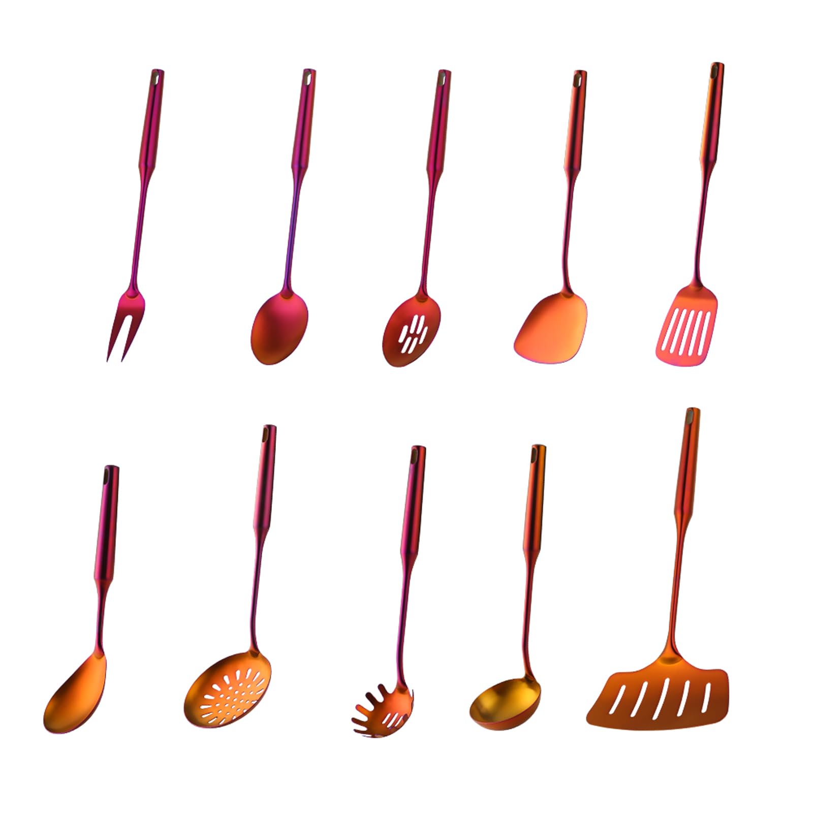 Set di utensili da cucina in acciaio inox di alta qualità, 10 pezzi, arancione rosso placcato in titanio, con cucchiai, spatole, mestoli, utensili da cucina moderni e accessori