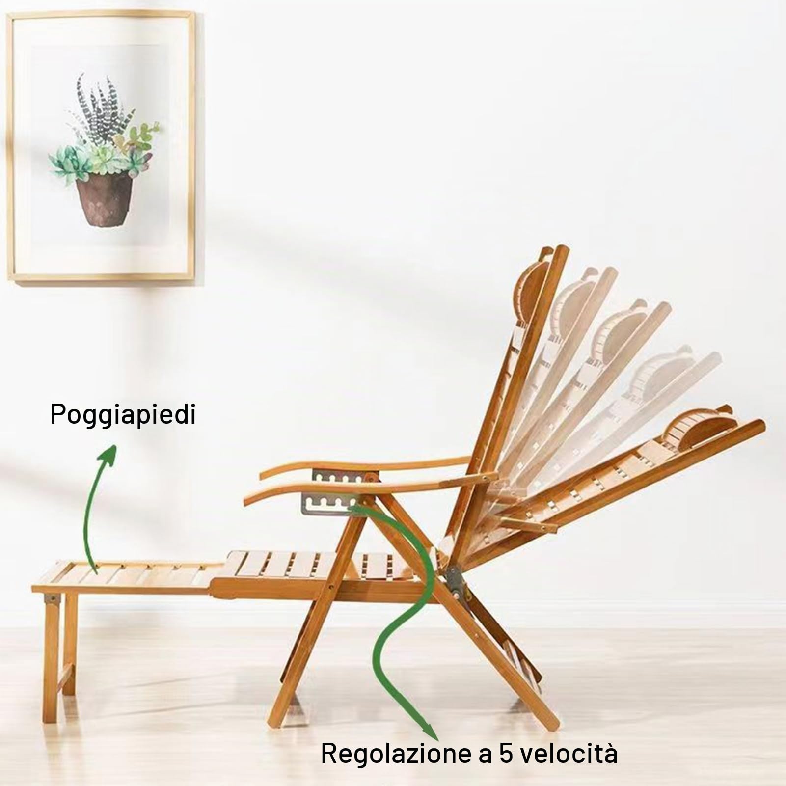 Sedia a sdraio regolabile in bambù con poggiapiedi, pieghevole, sedia da giardino con funzione reclinabile, in legno, per giardino, soggiorno, terrazza e balcone