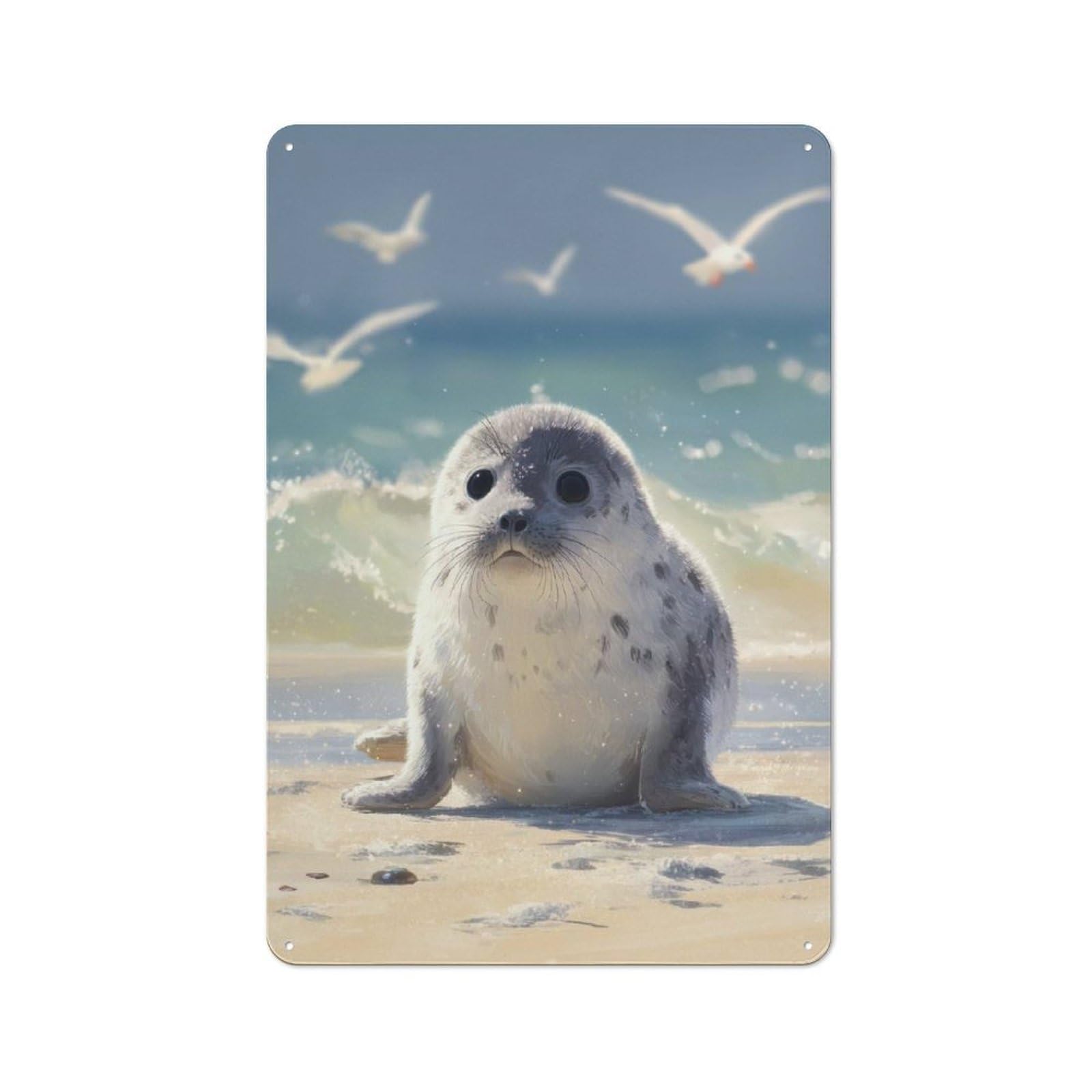 Junmoney Cute Seal Pup On Beach Tin Wall Plaque 30X20cm With For Man Cave Or Games Room, For Garage, Workshop And Man Cave Decoration