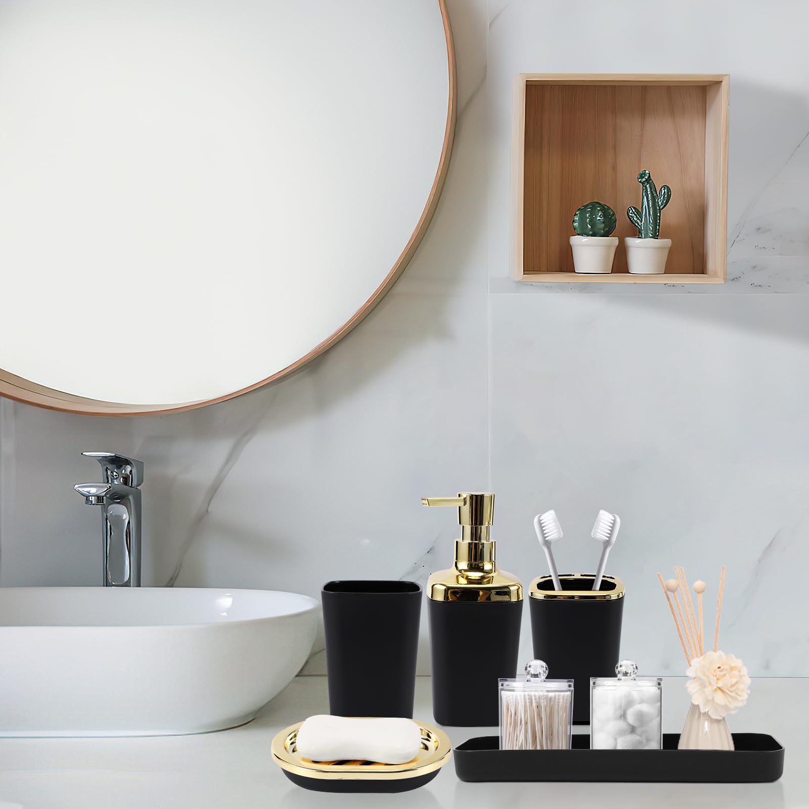 XLHOMO Juego de 22 piezas de accesorios de baño negros completos con cortina de ducha negra degradada, papelera, soporte para cepillo de dientes, vaso para cepillo de dientes, dispensador de jabón,