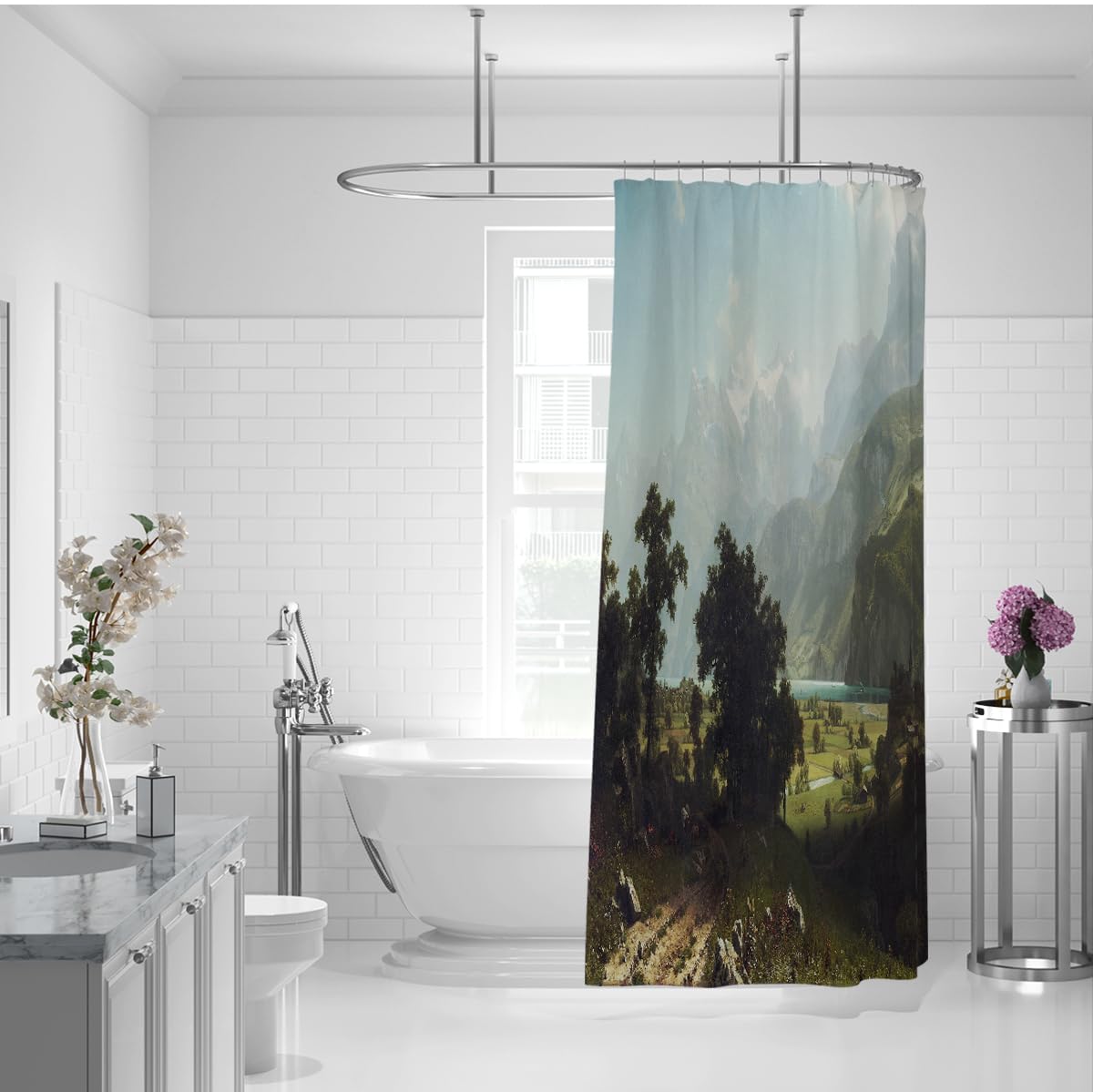 Pittura a olio Paesaggio Tende doccia in tessuto impermeabile 240x180cm | Forest Mountain Country Lake Paesaggio Naturale Decorazione bagno lavabile Tende con ganci