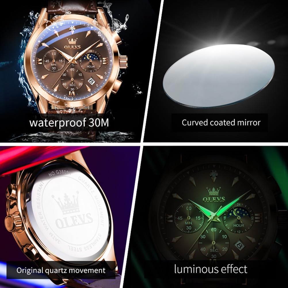 OLEVS Leather Watches for Men, Large Face Waterproof Classic Watches for Men, Casual Round Watch with Date, Luminous Easy Read Mens Dress Watch, Blue/Black/White Dial - Image 5