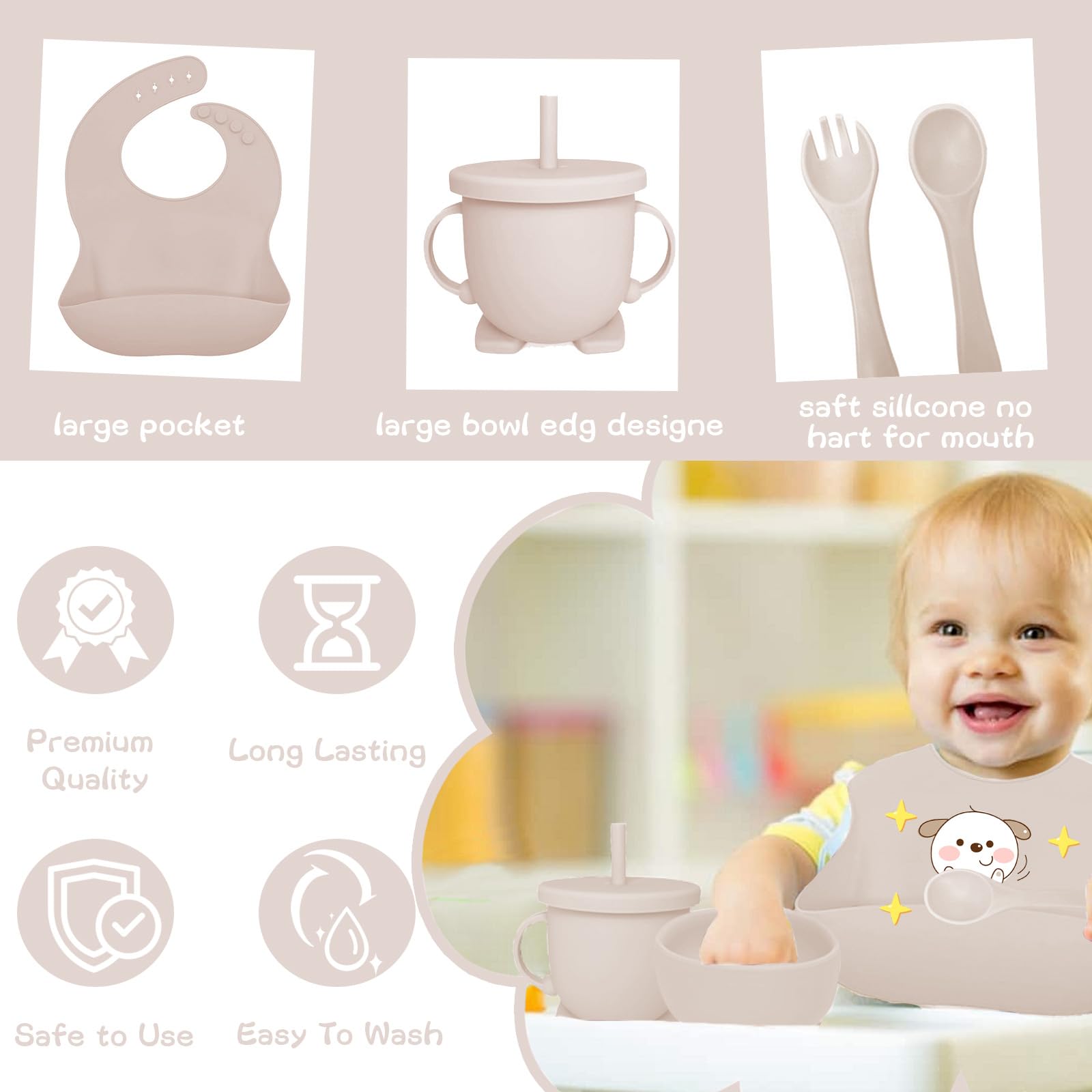 Coffret Repas Bebe 12 pièces, Vaisselle Antiderapant pour Bébé Set Silicone avec Ventouse Assiette Bol Fourche Cuillère Bavoir et Tasse, Assiette Enfant Set, Sans BPA (Beige)