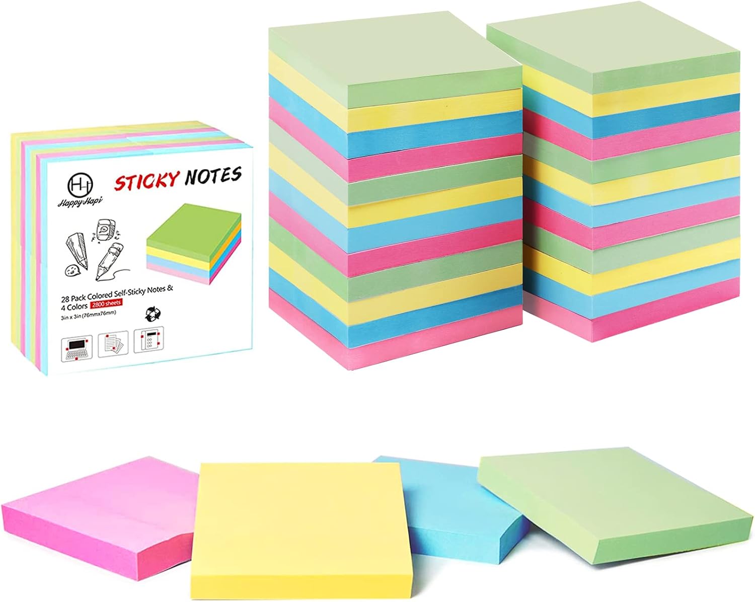 Sticky Notes 3x3 Inches Bulk 28 Pack 2800 Sheets Colored Self-Stick Pads, 100 Sheets/Pad, 4 Bright Colors (Yellow, Green, Pink, Blue) for Office Supplies, School, Home