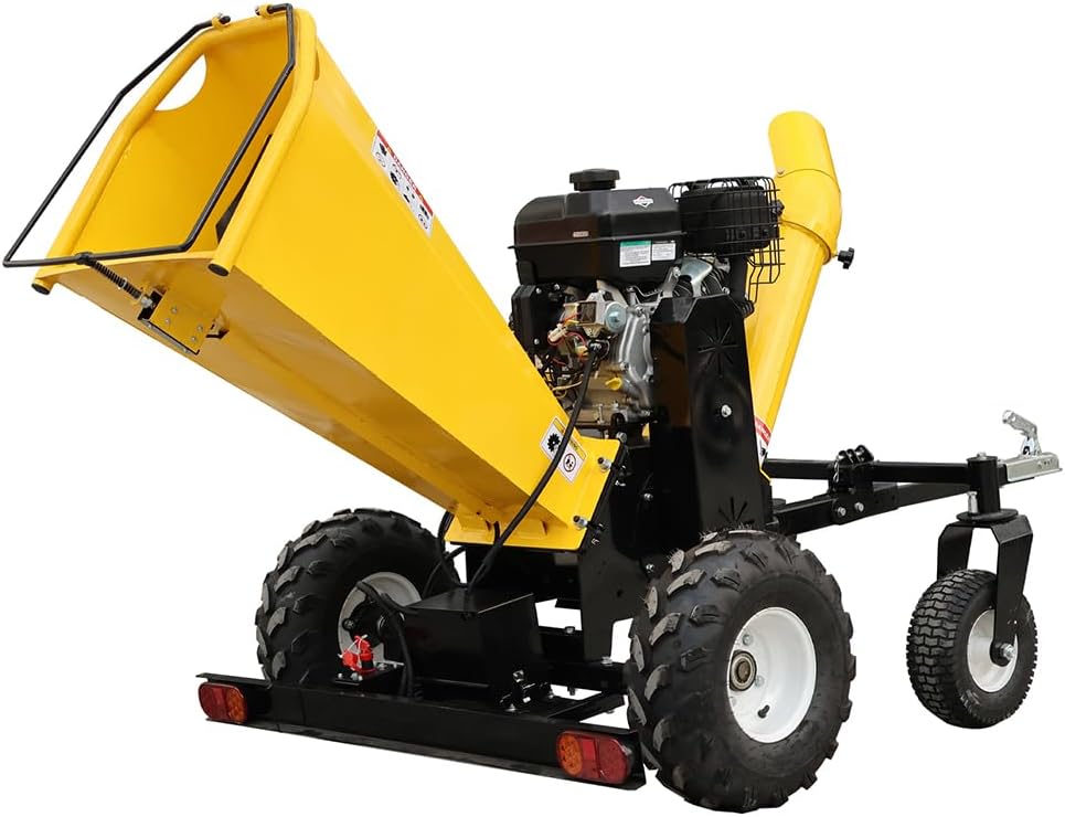 6 Inch 420cc 13.5HP Gas Powered Wood Chipper Shredder Mulcher, Leaf & Branch Shredder with Towbar, Emergency Stop Button, 6" Max Chipping Capacity for Wood Pellets (Yellow)