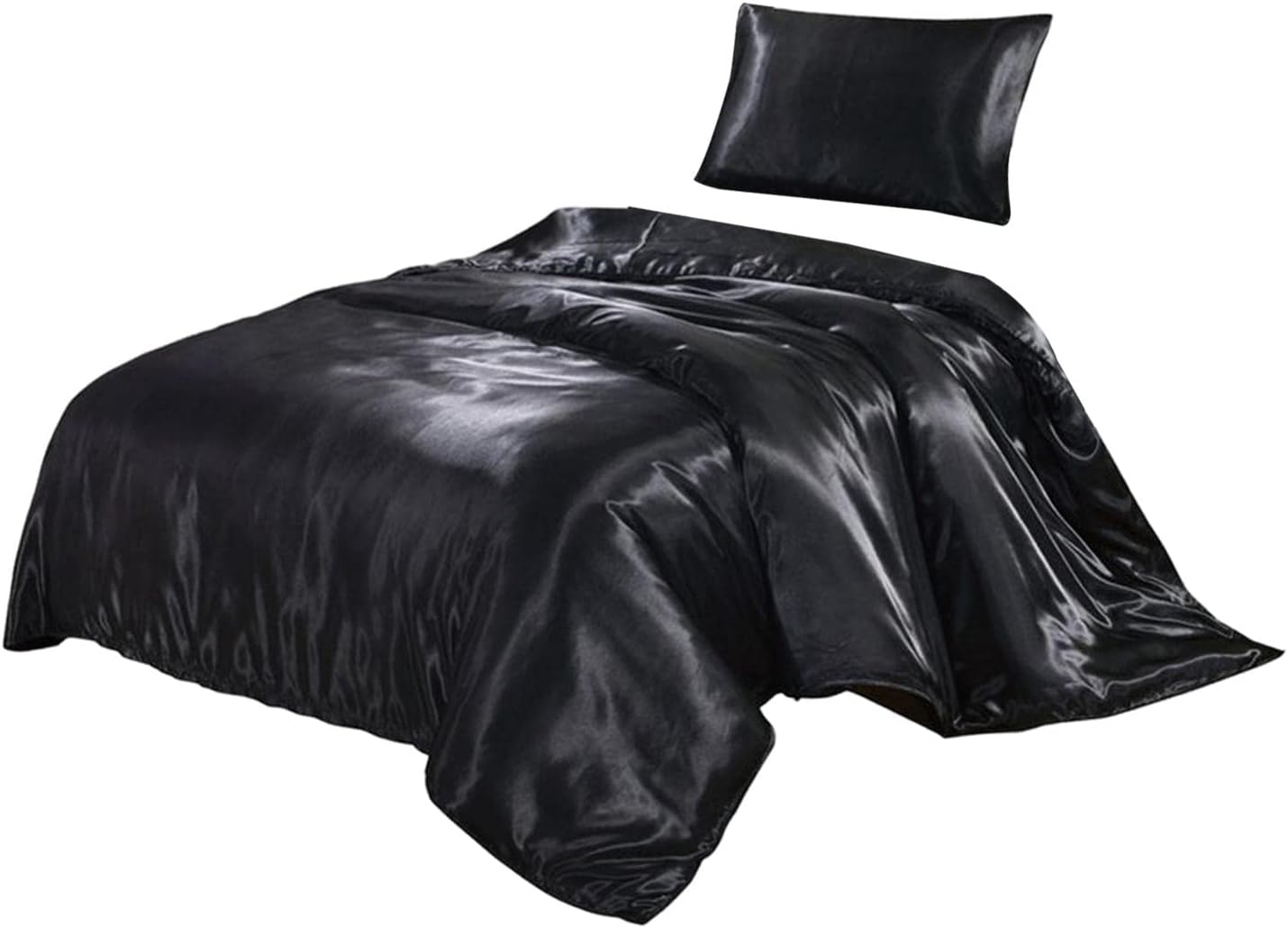 WINTI Solid Color Satin Faux Silk Bedding Duvet Cover Set UK Single Black