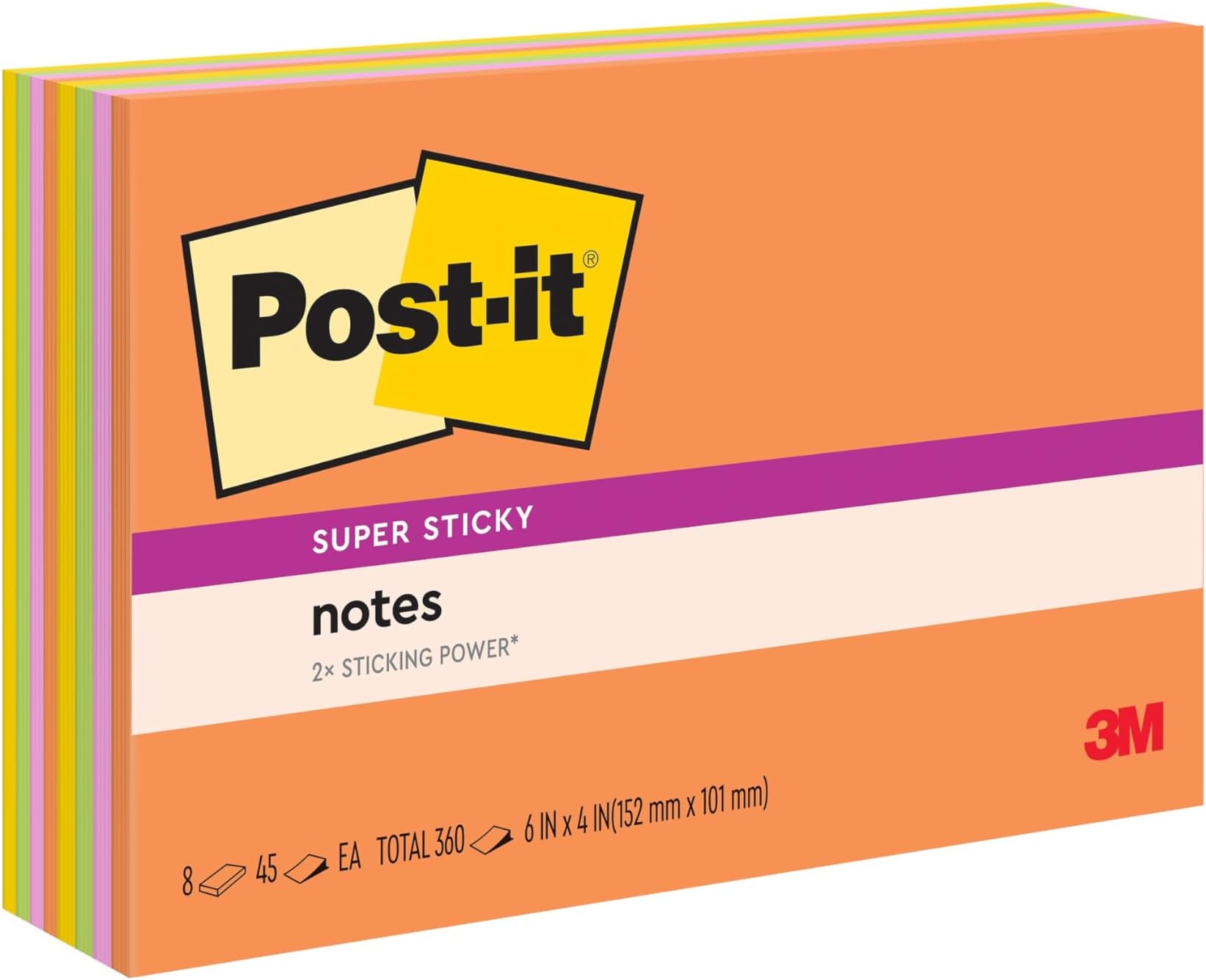 Post-it Super Sticky Notes, 6x4 in, 8 Pads, 2x the Sticking Power, Rio de Janeiro Collection, Bright Colors (Orange, Pink, Blue, Green), Recyclable (6445-SSP)