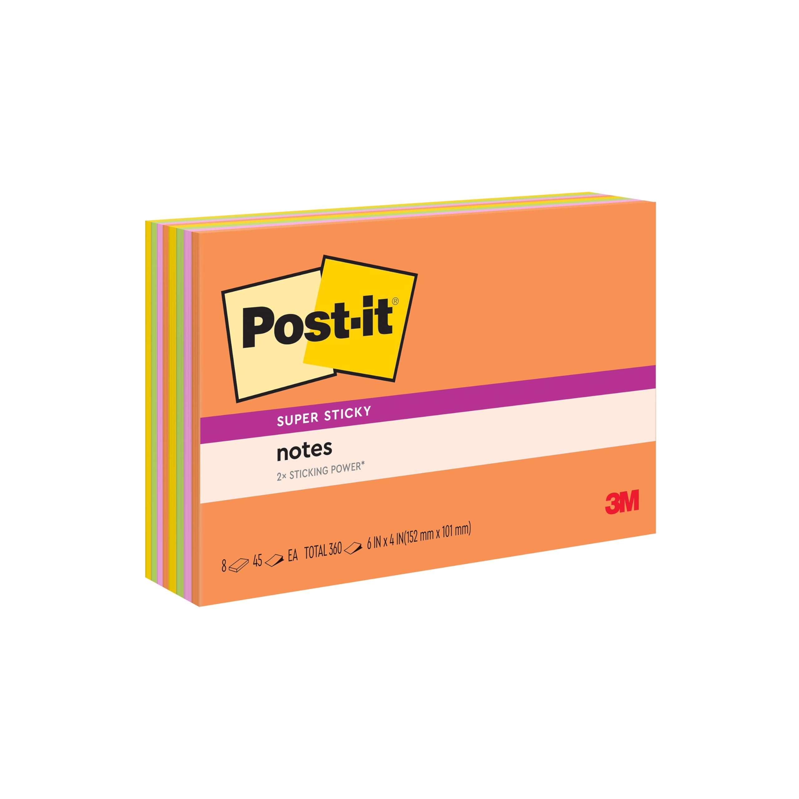 Post-it Super Sticky Notes, 6x4 in, 8 Pads, 2x the Sticking Power, Rio de Janeiro Collection, Bright Colors (Orange, Pink, Blue, Green), Recyclable (6445-SSP)