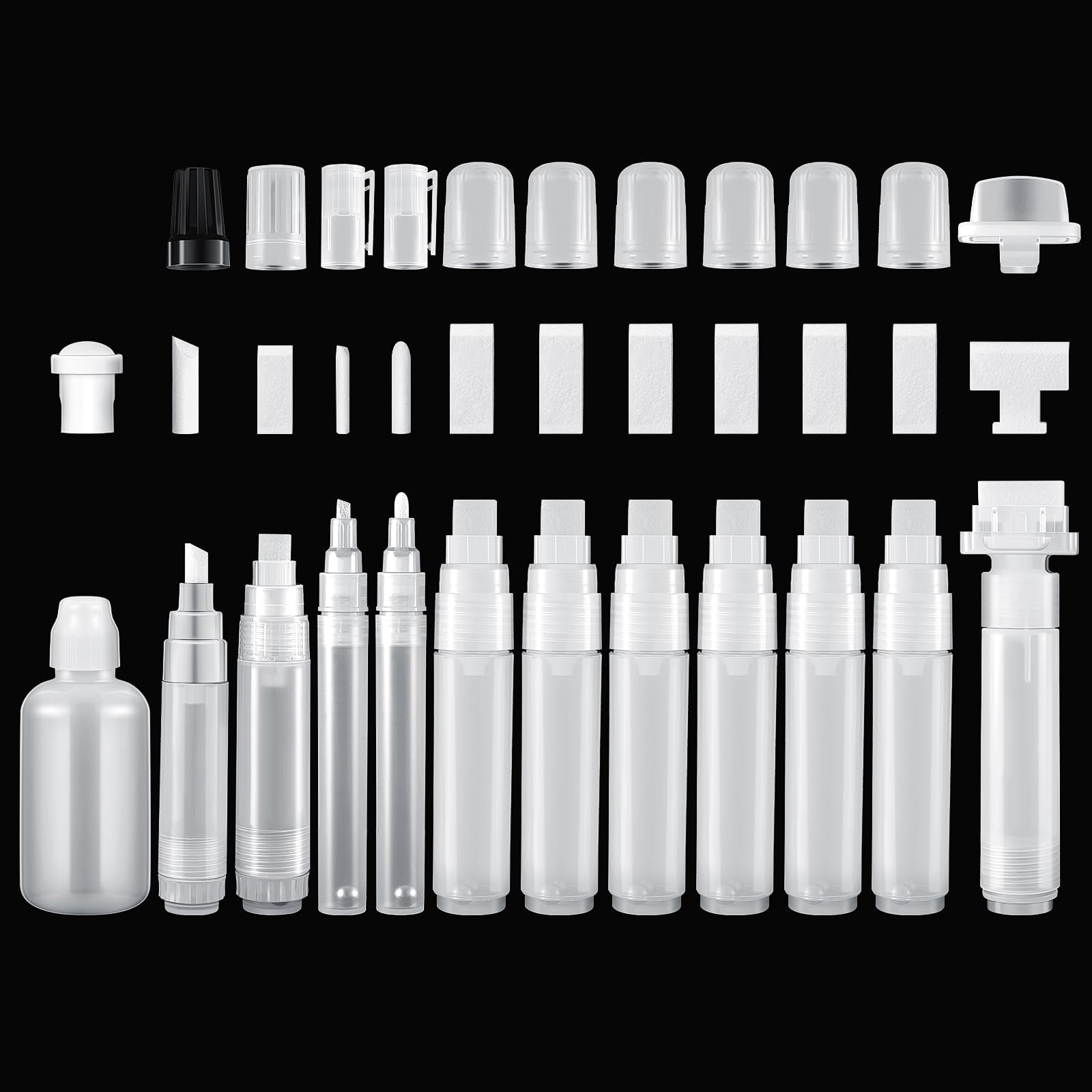 Kisston 11 Pcs Refillable Paint Pen 6mm 3mm 8.5mm 10mm 15mm 30mm Blank Acrylic Graffiti Markers Empty Refillable Paint Drawing Marker with 11 Pcs Replace Pen Heads and Marker Bottle Dauber Tip