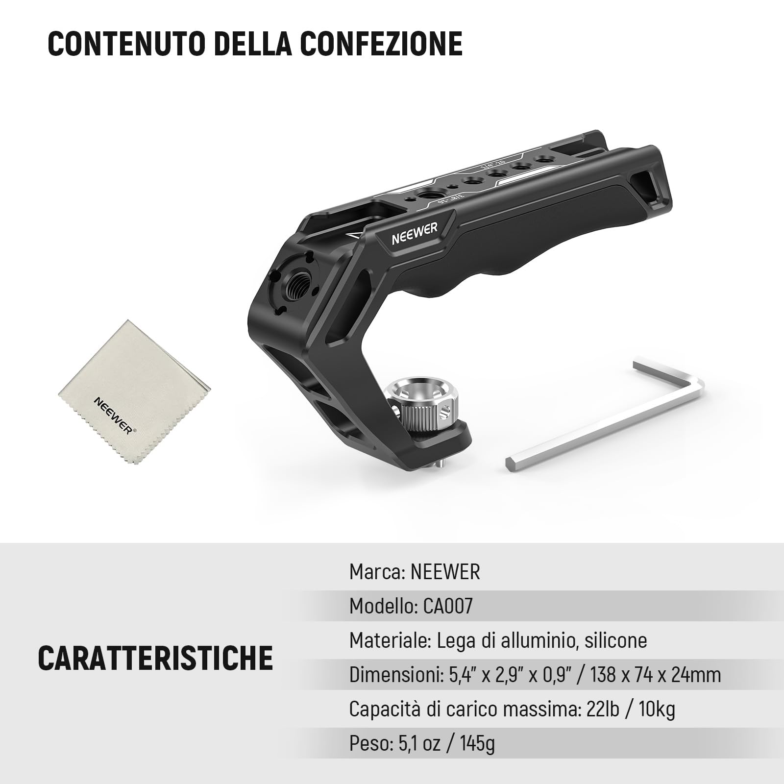 NEEWER Impugnatura superiore per fotocamera con 3/8", comoda impugnatura in silicone con filettatura da 1/4" 3/8", Cold Shoes, panno per la pulizia, compatibile con SmallRig Handles Gabbie video Rigs