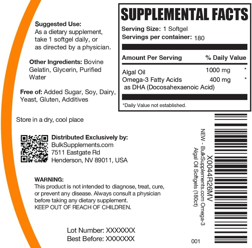 Miniatura 6 de BulkSupplements. Com Omega-3 cápsulas blandas - de aceite de algas, aceite de algas Omega 3 Suplemento - Sin gluten, 1 cápsula blanda por porción,