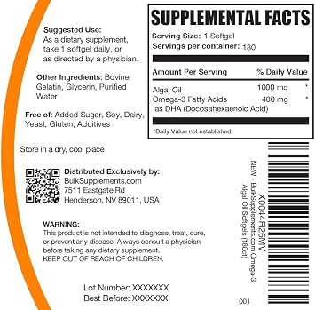 Omega-3 Softgels - from Algal Oil, Algae Oil Omega 3 Supplement - Gluten Free, 1 Softgel per Serving, 180 Count (Pack of 1)