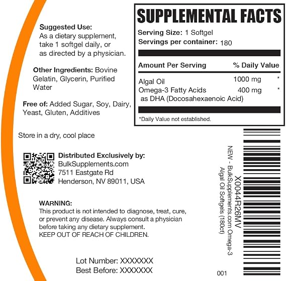 Omega-3 Softgels - from Algal Oil, Algae Oil Omega 3 Supplement - Gluten Free, 1 Softgel per Serving, 180 Count (Pack of 1)