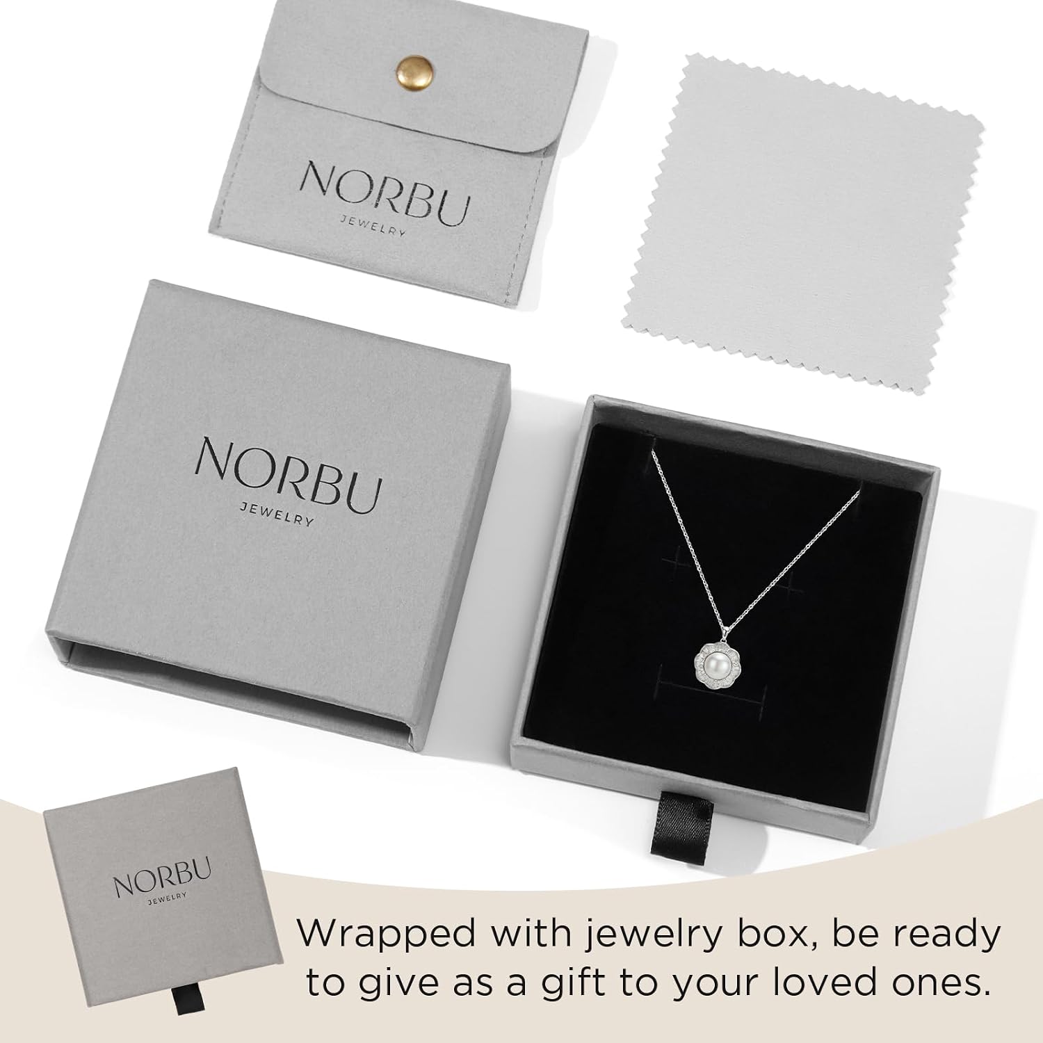 NORBU Pearl Necklace for Women, 925 Sterling Pearl Necklace Pendant with 18K White Gold Plated, Jewelry Gift for Wedding Anniversary Birthday Christmas Valentine's Day