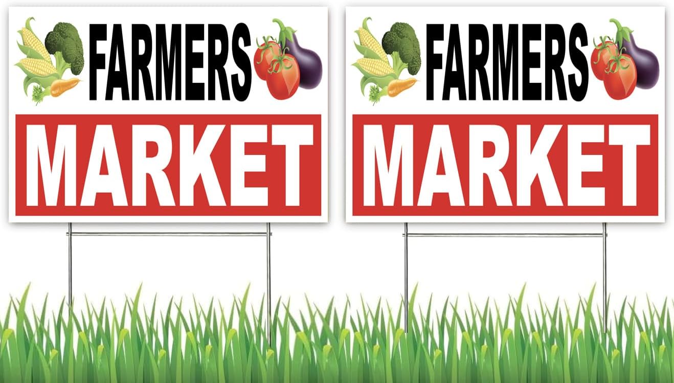 4LessCo 2 Pack 18x12 Inch FARMERS MARKET Yard Lawn Sign with Stake wb1s