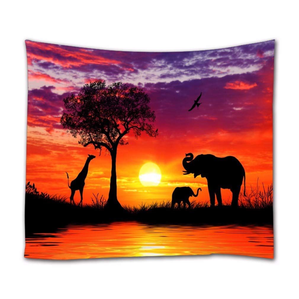 A.Monamour Silhouette Of African Animals Elephant Giraffe Tree At Sunset Colorful Sky Fabric Wall Tapestry Wall Décor Wall Hangings Curtain for Bedroom Living Room Dorms